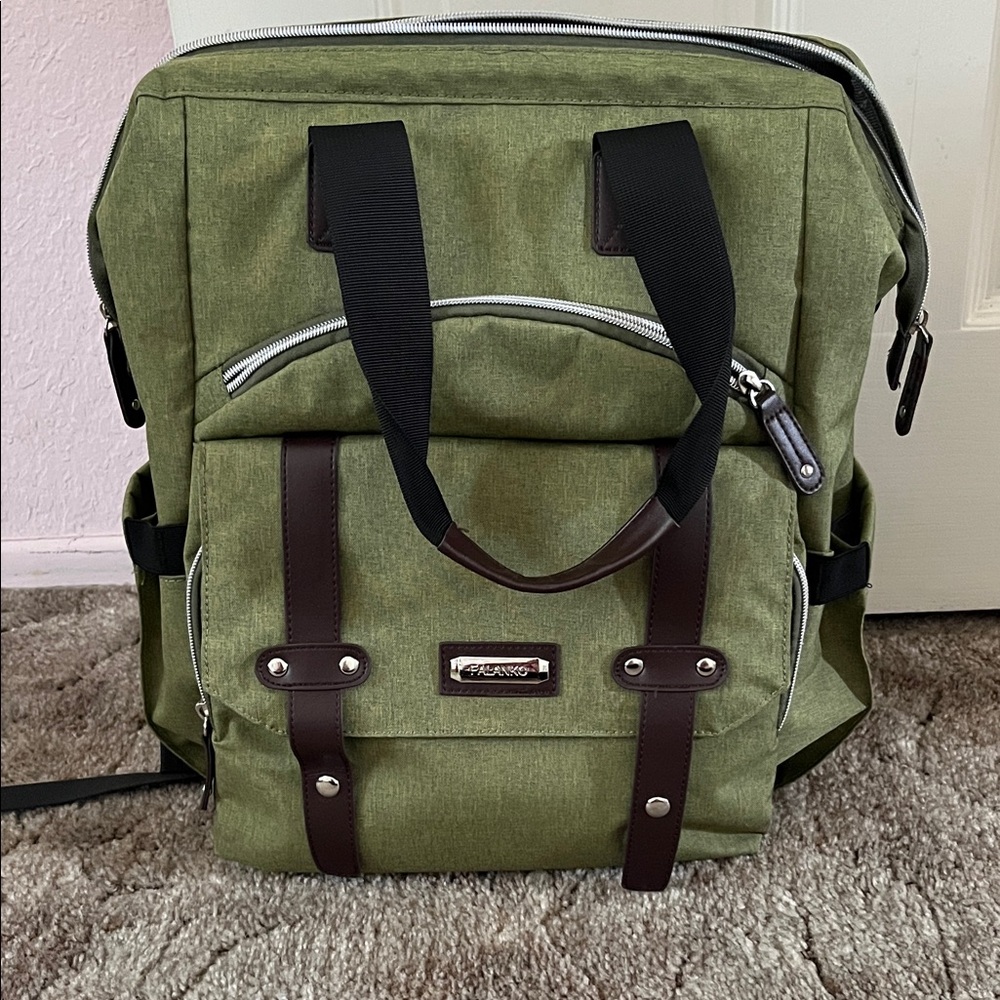 Brand New Olive Green Backpack With Brown and Black Straps 🫒